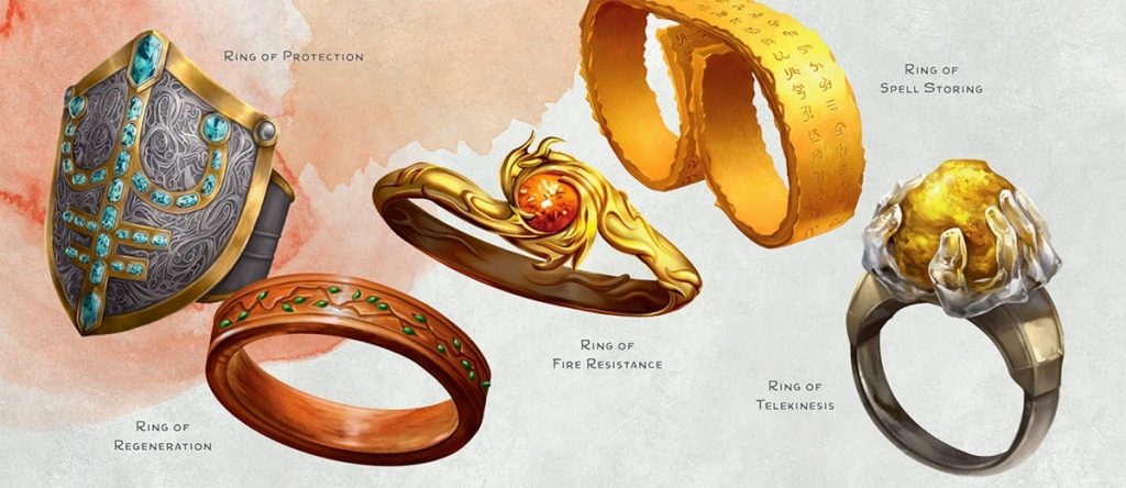 Different types of magic rings, each with unique engravings and gemstones.