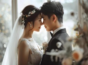 A happy married couple looking into each other’s eyes