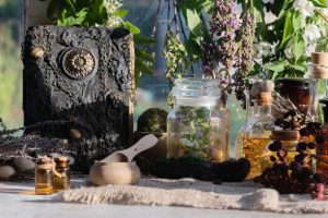 African spiritual altar with incense and herbs