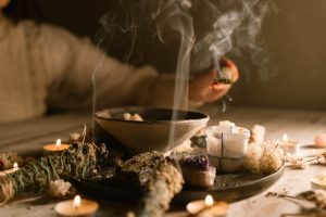 Prof. Eric Galandi preparing spiritual altar for banishing ritual
