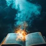 An ancient spell book glowing with mystical power.