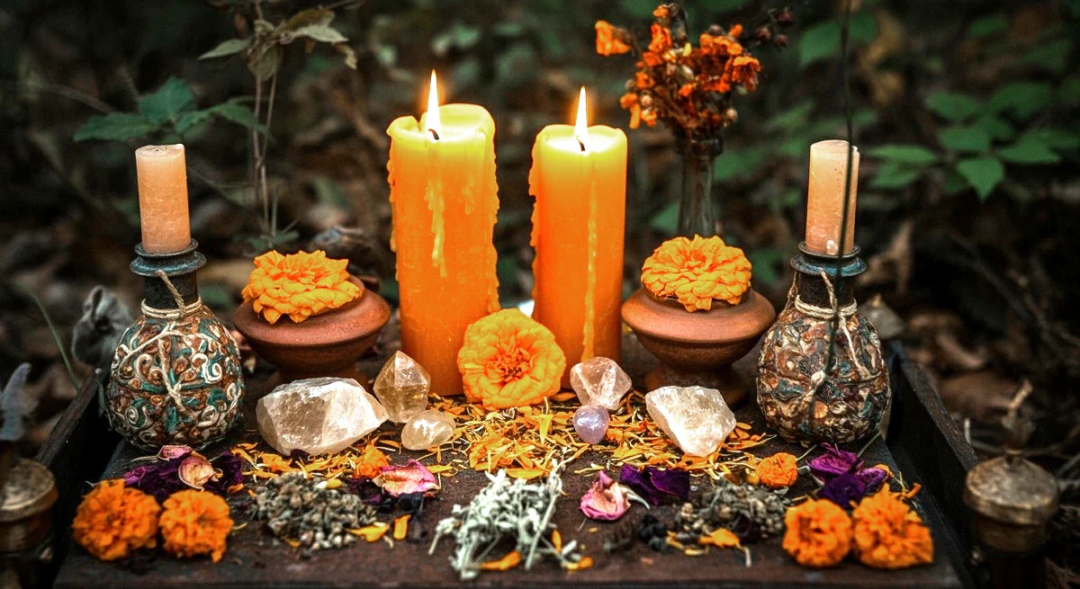 Love spell ritual setup with candles, herbs, and crystals for attracting romance.