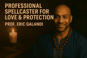 Prof. Eric Galandi casting a powerful love spell in a tranquil Toronto garden, surrounded by traditional African and spiritual love tools.