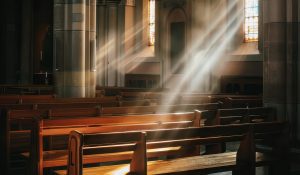 Spiritual light in a courtroom revealing truth.