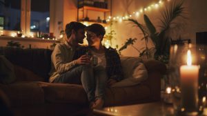 A radiant couple locked in an intense, mutual gaze under candlelight.