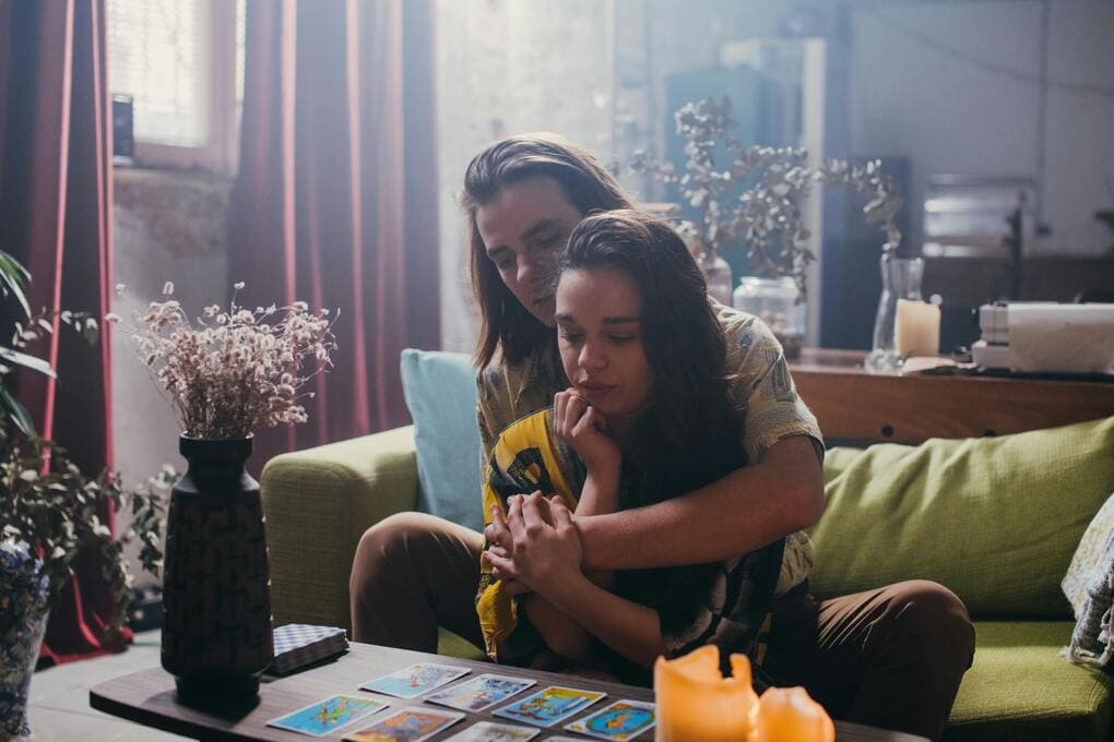 Emotional couple reconnecting through messages