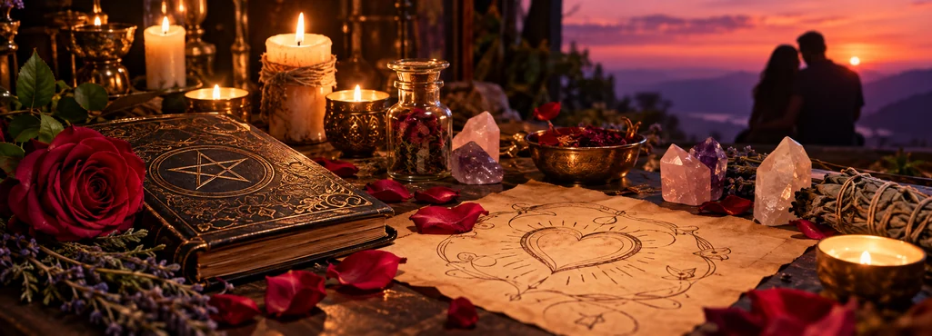 Candlelit spiritual arrangement with roses and a couple silhouetted at sunset.